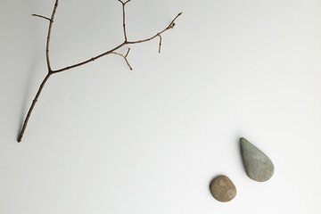 The composition of a dry branch with stones is photographed from above, there is a place for an inscription