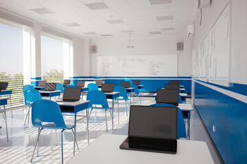 Spacious Modern Classroom with Laptops on Desks and Whiteboard with Equations