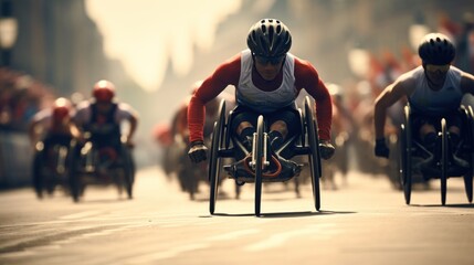 disabled para athletes participate in races using special wheelchairs, banner - obrazy, fototapety, plakaty