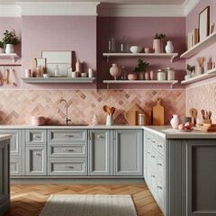 Modern interior design pastel colored kitchen with pink herringbone tiled backsplash. Generative ai