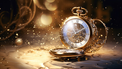Close-up of a golden Vintage Pocket Watch Illuminating the Darkness in the Night - obrazy, fototapety, plakaty