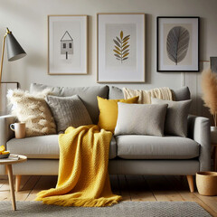 sofa with blanket and pillows Scandinavian home interior design of modern living room.Generative ai - obrazy, fototapety, plakaty