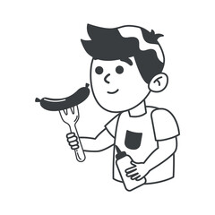 BBQ element of black line set. In this BBQ-themed illustration with bold black outlines, a young boy savors a mouthwatering sausage hot off the grill. Vector illustration.
