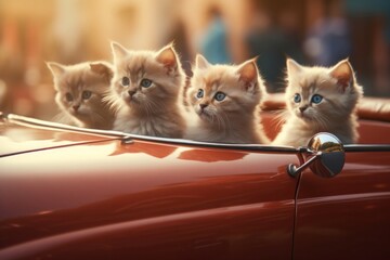 Adorable ginger kittens in car. Fluffy little feline pets in red vintage car. Generate ai - obrazy, fototapety, plakaty