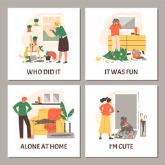 Set of squared banners about pet mess flat style, vector illustration