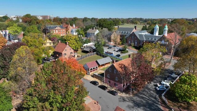 Historic buildings in Old Salem. Aerial view of Winston-Salem in autumn.
