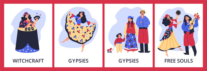 Gypsy people posters set, flat vector illustration.