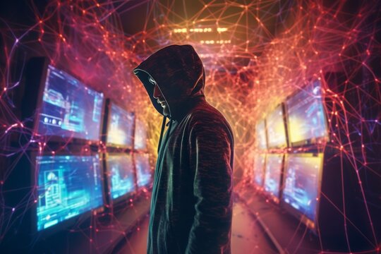 Hacker inside a fragmented digital room. Software cyber coder in hidden workstation. Generate ai
