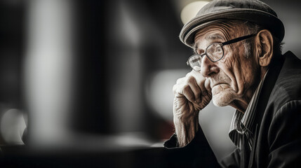 Contemplative elderly man in flat cap looking thoughtfully into distance