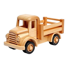 Handmade wooden toy empty truck isolated on transparent background.