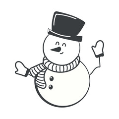 Winter element of black line set. A cute character - a snowman who kindly greets all viewers is depicted in this themed winter illustration with a special style. Vector illustration.