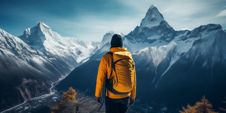 Solo adventurer contemplating snowy mountain peaks in sunlight