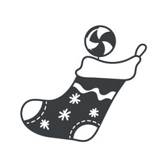 Winter element of black line set. The New Year's sock depicted in this winter illustration serves not only as a decoration but also as a bag for scotch. Vector illustration.