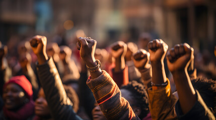 Crowd of Black People Raising Fists in Protest, Rebellion, Enough - obrazy, fototapety, plakaty