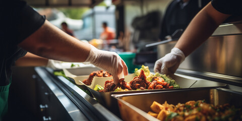 Dexterous hands creating dishes in a food truck with a blurred background.
