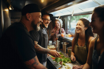 A mix of happy buddies working together to vend meals in the kitchen of a food truck. - obrazy, fototapety, plakaty