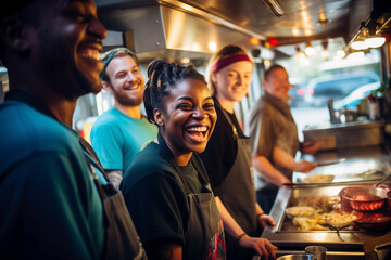Workers from diverse backgrounds joyfully vending meals side by side in a food truck kitchen.