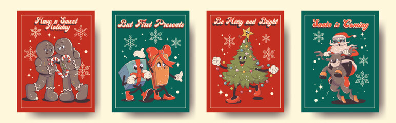Naklejka na ściany i meble Trendy christmas groovy poster set with retro cartoon characters and elements. Gingerbread couple with candy cane heart, dancing tree, santa on deer, presents. Vibes 70s. Stories template, postcard