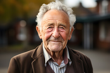 Portrait of a very elderly man with emotions. Grandpa smiles and looks at the camera. Close-up of an old man sitting alone in the open air