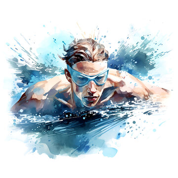 The swimmer is painted with watercolor paints