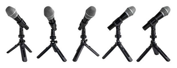 music microphone on a microphone holder, microphone on a tripod on a table, side view, isolated on transparent or white background, png