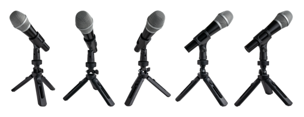music microphone on a microphone holder, microphone on a tripod on a table, side view, isolated on transparent or white background, png