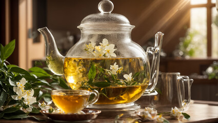 Beautiful glass teapot with tea, jasmine flower in the kitchen decoration