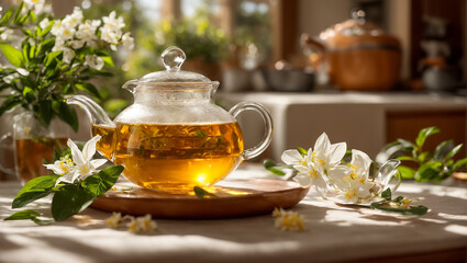 Beautiful glass teapot with organic  tea, jasmine flower in the kitchen