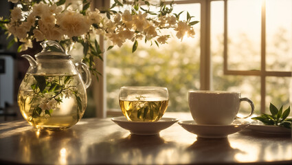 Beautiful glass teapot with tea drink, jasmine flower in the kitchen 