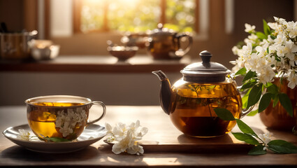 Beautiful glass teapot with tea, jasmine flower in the kitchen herbal - obrazy, fototapety, plakaty