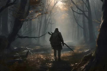 Foto op Canvas Equipped hunter in misty forest digital art. Archery weapon tracker searching for prey. Generate ai © nsit0108