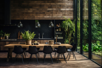 Stylish and botany interior of dining room with design craft wooden table, chairs, a lof of plants, big window and elegant accessories in modern home decor.