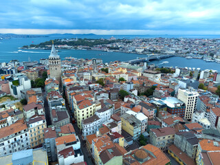Fototapeta premium Drone view of the Galata Tower, historical center of Istanbul, Bosphorus and Golden Horn. Urban landscapes of Istanbul, Turkey.