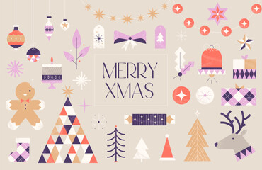 Retro Christmas elements. Geometric Christmas elements in a minimalist retro style with Christmas trees, gifts, abstract Christmas and New Year decor, minimalist shapes, snowflakes, winter elements.
