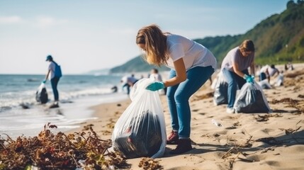 Fototapeta na wymiar Group of Volunteers Cleaning Up Trash on a Beach