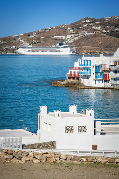 scenery with cruise ship at mykonos Greece