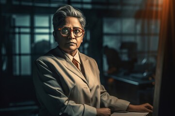 Fototapeta premium Indian professional business woman sitting at the table. Corporate female employee in business outfit. Generate ai