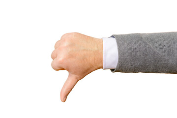 Man's hand showing thumb down on a white isolated background.