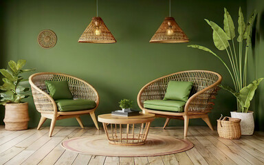 Green lounge chair and wicker round coffee table interior design of modern living. Generative ai