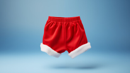 Christmas red satin boxer shorts with white fur trim, isolated on plain blue studio background