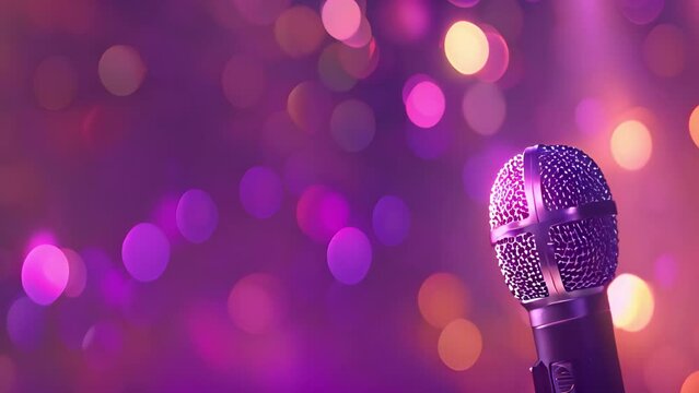 Microphone on colorful Bokeh golden,purple,pink background beautiful romantic or luxury glitter lights, Microphone for speech singing karaoke party, Microphones for orator press conference, Microphone