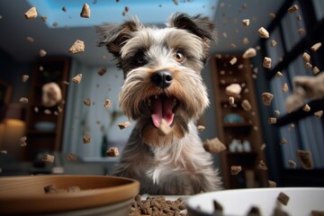 A happy dog with scattered pellets of dry food.