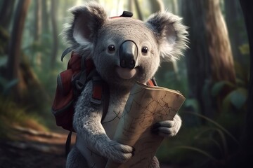 Koala hiker with map and backpack. Adorable gray creature exploring wild woodland. Generate ai