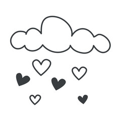 Element of Love themed set. A cloud is depicted in black outlines and covers the ground with hearts, which are heralds of love. Vector illustration.