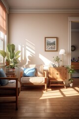 Ultra realistic photograph of design detailed interior with armchair and plants