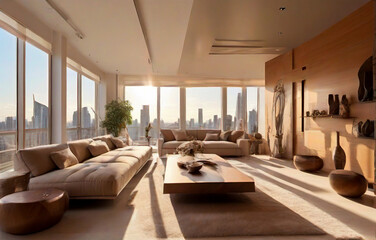 Luxury sunny interior design of modern living room with city view. generative ai
