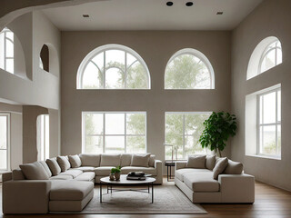 rustic home interior design modern living room.Sofa stucco wall against arched window. generative ai