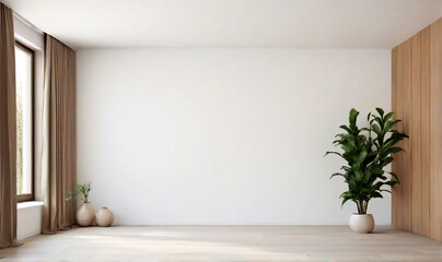 empty living room. Apartment wall and wooden panelling, window, plant. generative ai