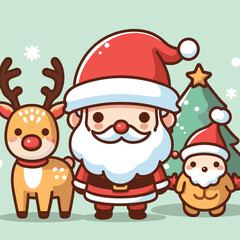 Trendy Festive Trio: Santa, deer, snowman. Ideal for postcards and backgrounds. Chic and focused holiday decor with Santa in the spotlight.