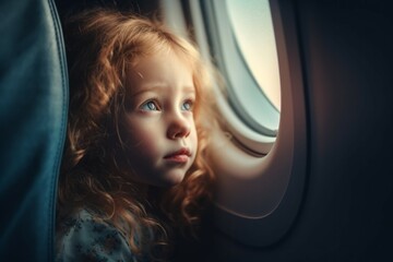 Little girl traveling airplane vacation. Travel air inside trip traveler. Generate Ai